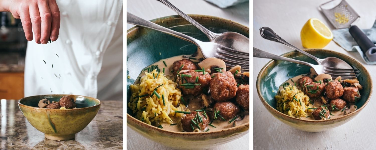 Original Swedish Meatballs with Green Peppercorn Sauce and Pilau rice